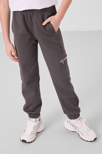 White-Dark Grey O Collar Printed Rubber Sleeve Cargo Pocket Tracksuit Set - 75173