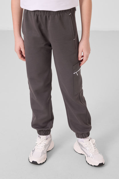 White-Dark Grey O Collar Printed Rubber Sleeve Cargo Pocket Tracksuit Set - 75173
