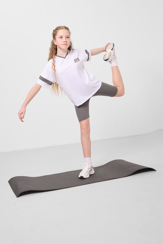 White-Dark Gray V Collar Belt Detailed Standard Fit Performance Tights Set for Girls - 75187