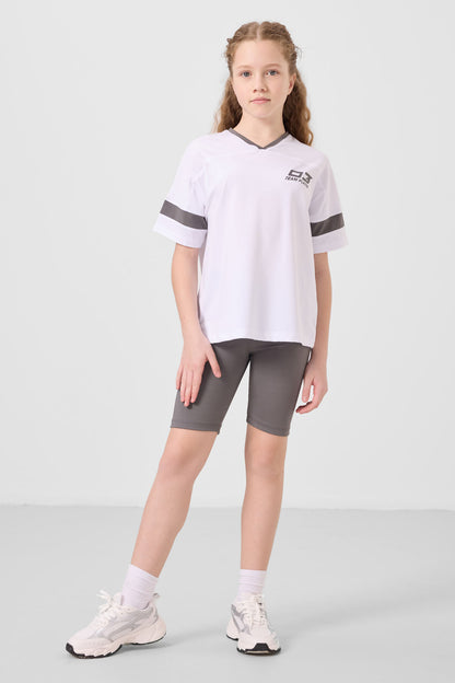 White-Dark Gray V Collar Belt Detailed Standard Fit Performance Tights Set for Girls - 75187