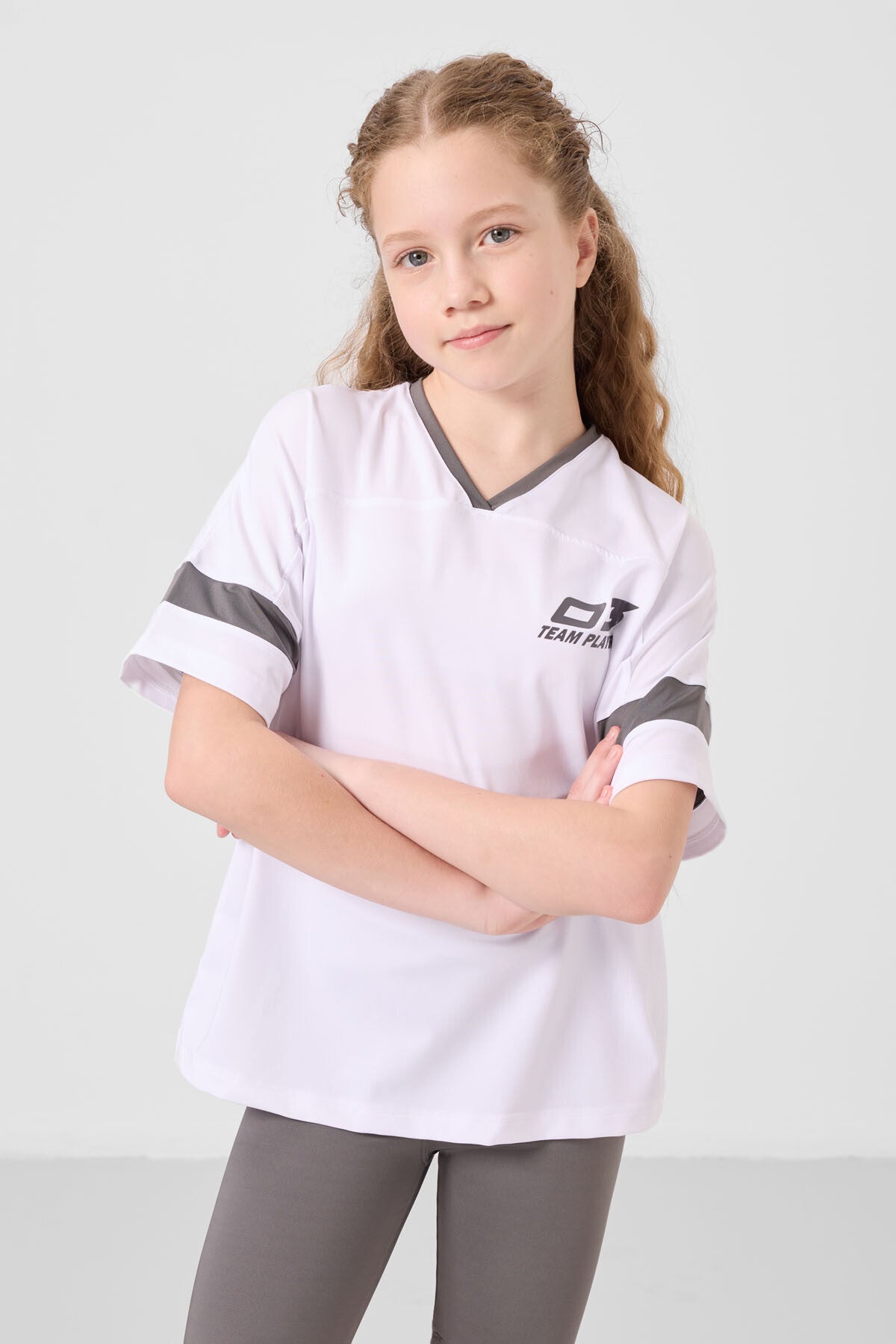 White-Dark Gray V Collar Belt Detailed Standard Fit Performance Tights Set for Girls - 75187