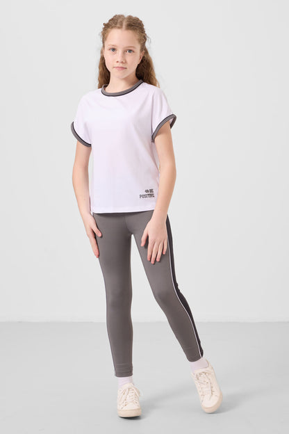 White-Dark Grey O Collar Side Strip Detailed Standard Fit Performance Tights Set - 75191