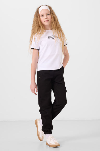 Black and White O Collar Printed Rubber Slip Cargo Pocket Girl Tracksuit Set - 75173