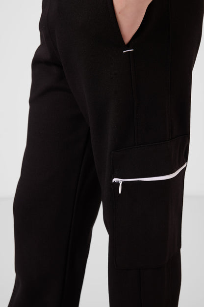 Black and White O Collar Printed Rubber Slip Cargo Pocket Girl Tracksuit Set - 75173
