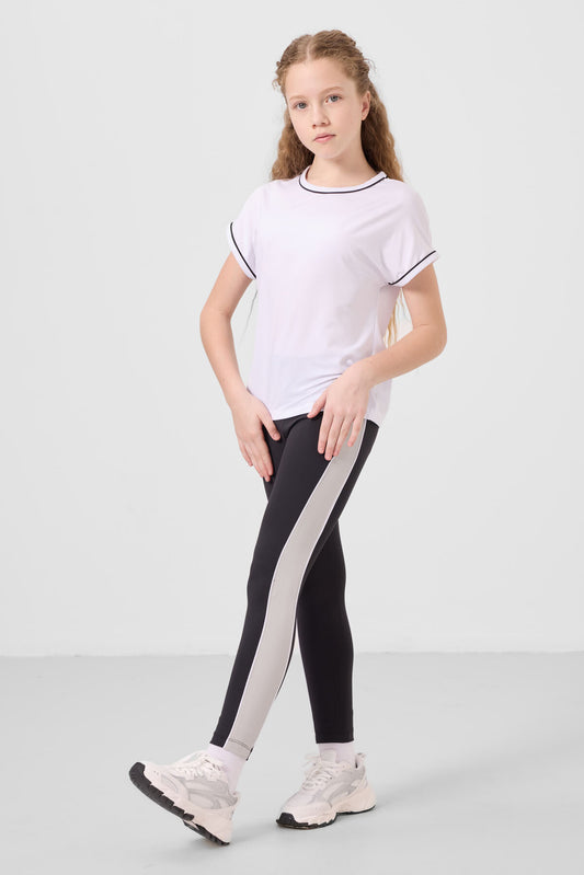 Black and white O-collar side stripe Detailed Standard Fit Performance Tights Set - 75191