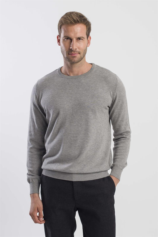 Grey Slim Fit Round Collar Knitted Sweater