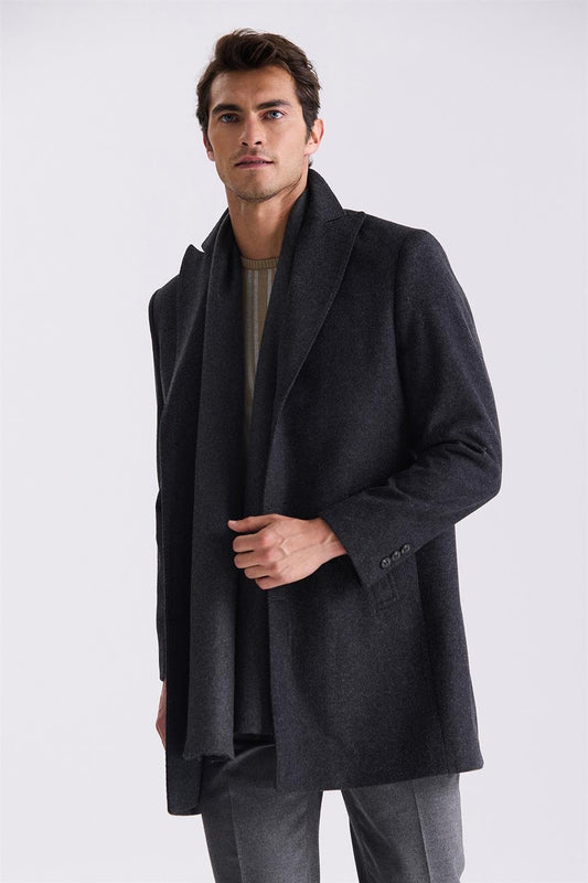 Black Comfort Fit Sharp Collar Fish Back With Patterned Wool Collar Jacket