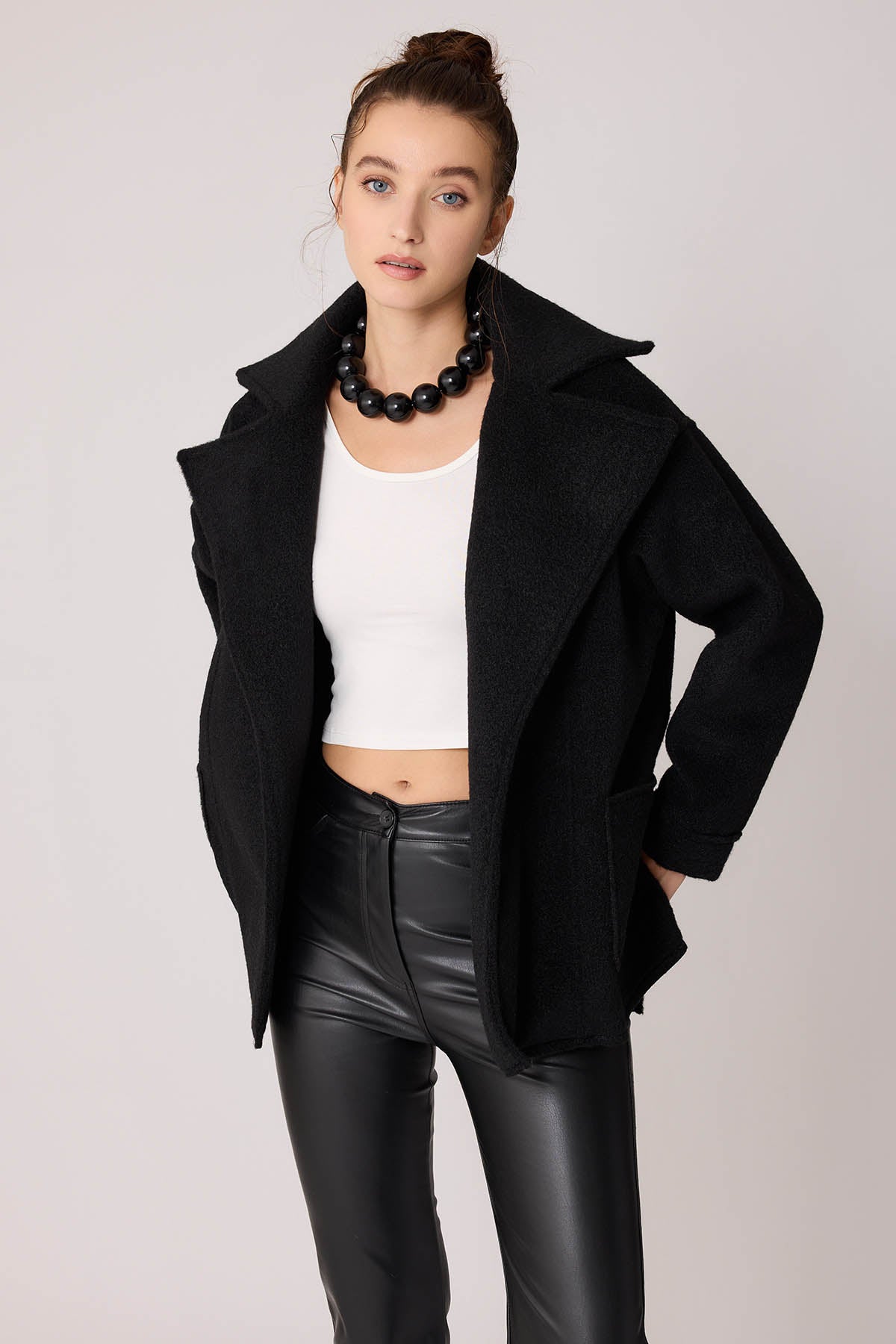 LARGE POCKET COLLAR DETAILED LONG JACKET