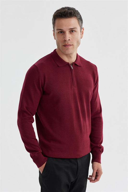 Maroon Slim Fit Cotton Patterned Zippered Polo Collar Knitted Sweater