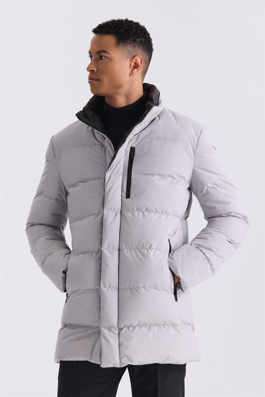 Stone Regular Fit Judge Collar Zipped Winter Bloated Jacket