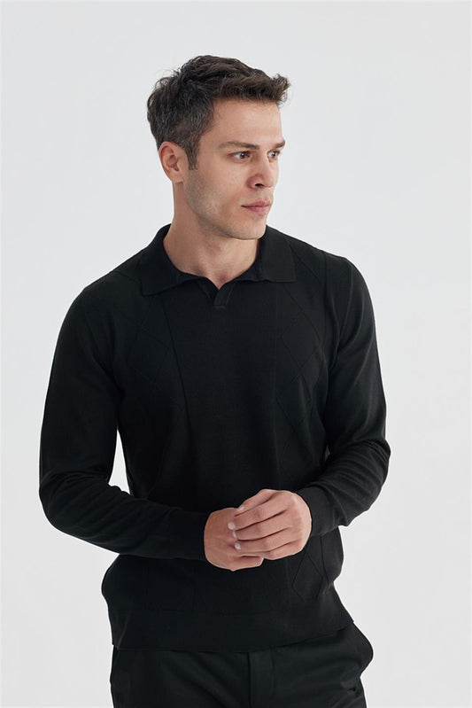 Black Slim Fit Polish Collar Knitted