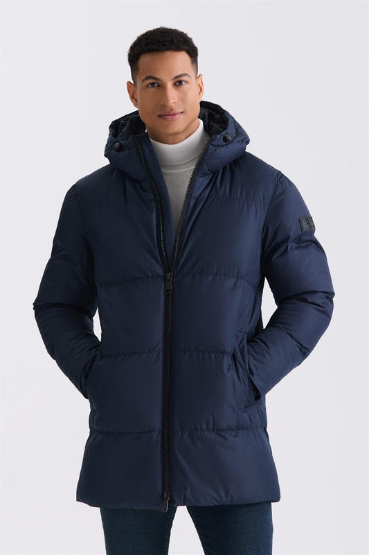 Navy Comfort Fit Full Length Winter Jacket With Hood