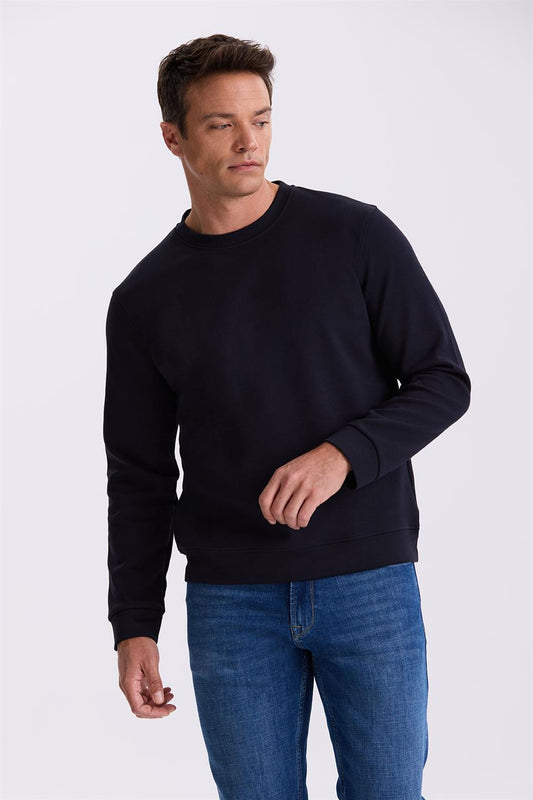 Navy Slim Fit Round Collar Basic Cotton Lycra Sweatshirt