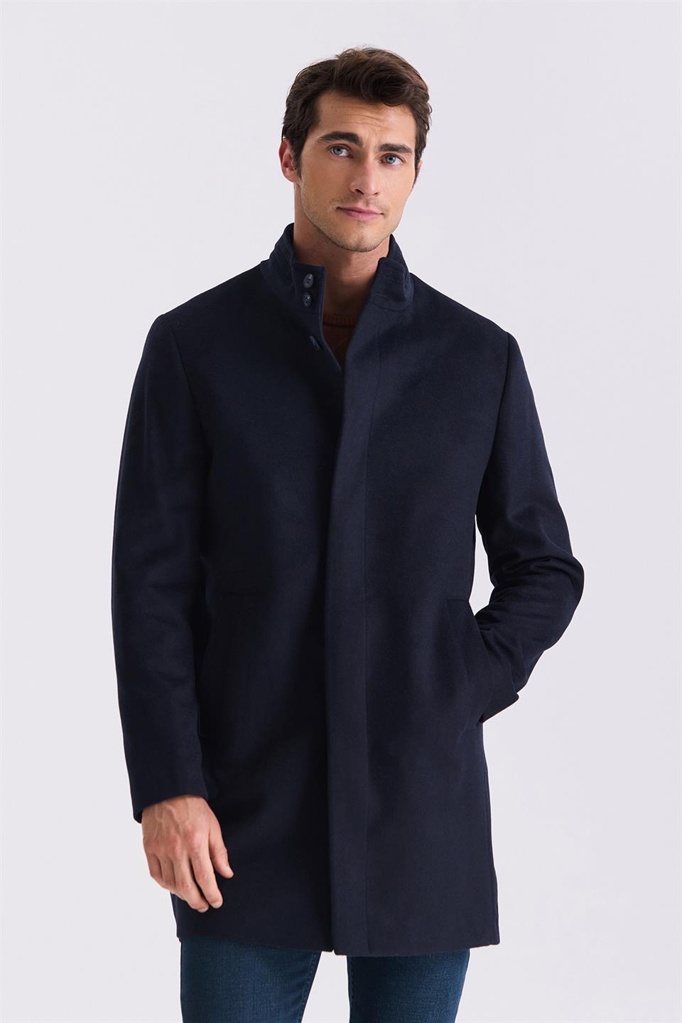 Dark Navy Slim Fit High Collar Fish Backed Sports Jacket With Patterned Wool