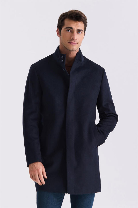 Dark Navy Slim Fit High Collar Fish Backed Sports Jacket With Patterned Wool