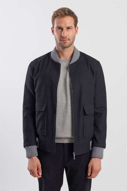 Black Comfort Fit College Collar Striped Jacket