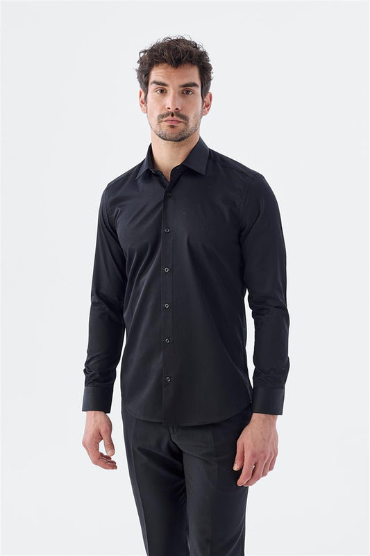 Black Slim Fit Italian Collar Long Sleeve Classical Tie 100% Cotton Satin Shirt