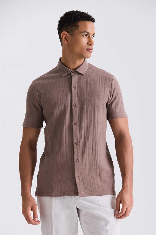 Beige Slim Fit Buttoned Shirt Collar T Shirt