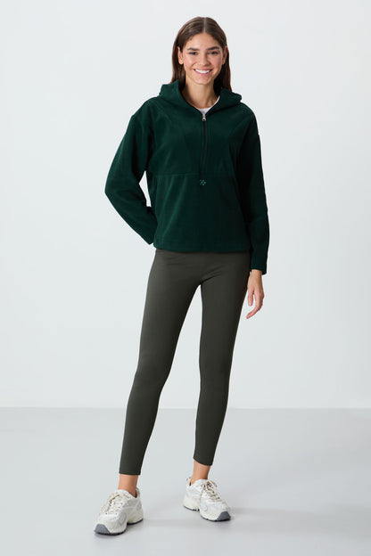Forest Green Thick Soft Textured Hooded Oversize Embroidered Fleece Women's Sweatshirt -97286