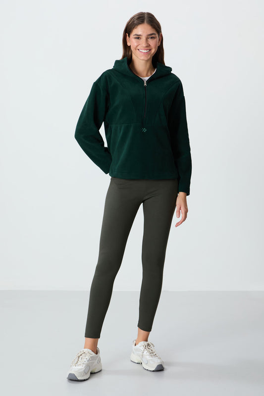 Forest Green Thick Soft Textured Hooded Oversize Embroidered Fleece Women's Sweatshirt -97286