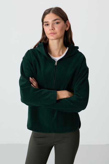 Forest Green Thick Soft Textured Hooded Oversize Embroidered Fleece Women's Sweatshirt -97286
