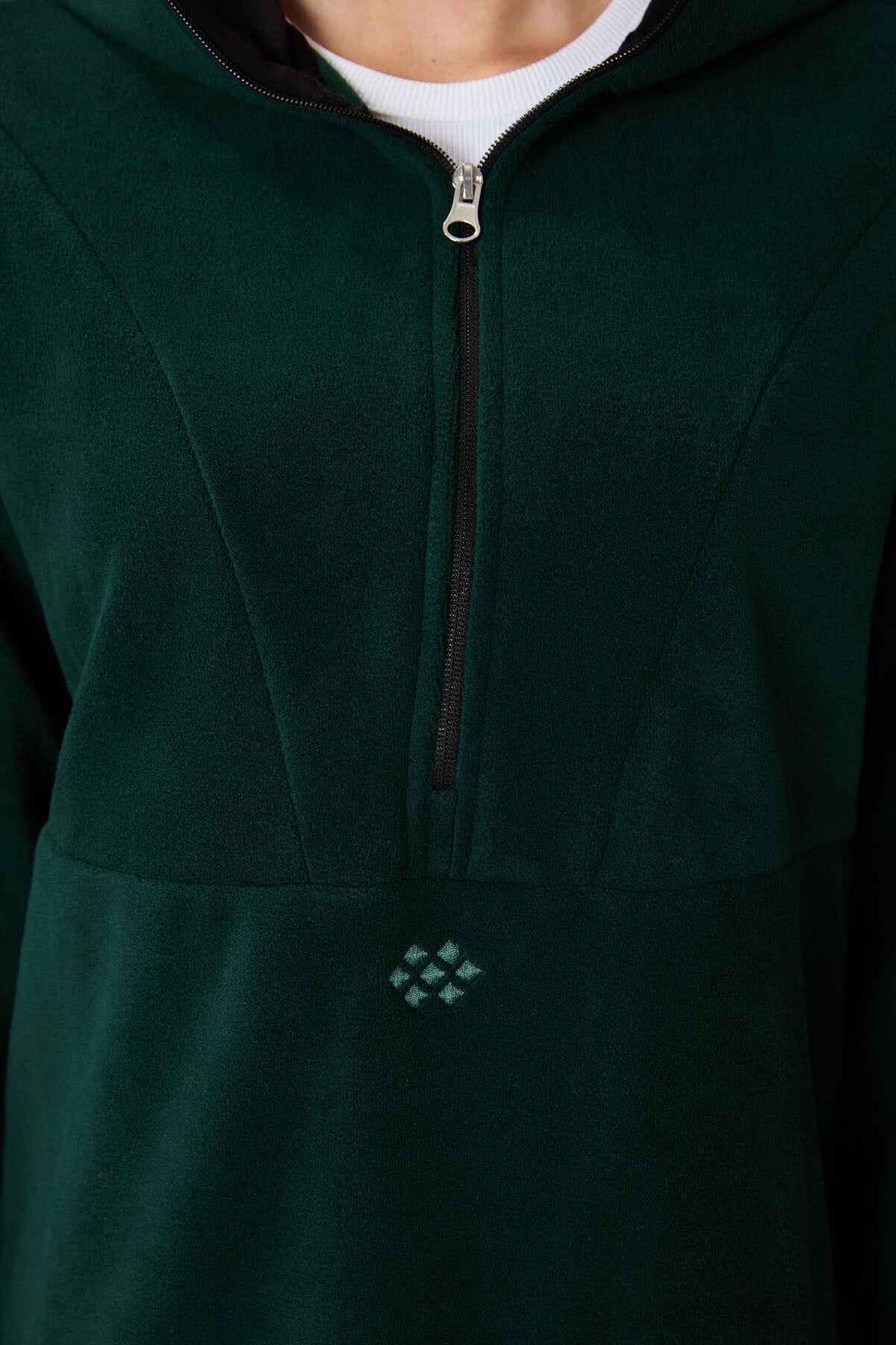 Forest Green Thick Soft Textured Hooded Oversize Embroidered Fleece Women's Sweatshirt -97286