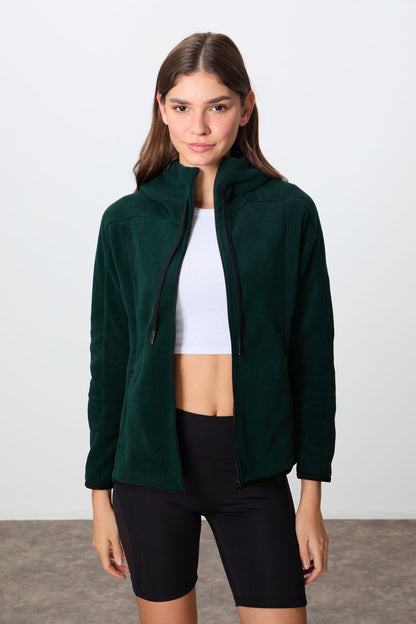 Forest Green Thick Soft Textured Hooded Standard Fit Embroidered Fleece Women's Sweatshirt -97287