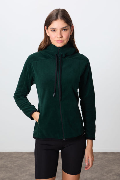 Forest Green Thick Soft Textured Hooded Standard Fit Embroidered Fleece Women's Sweatshirt -97287