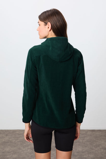 Forest Green Thick Soft Textured Hooded Standard Fit Embroidered Fleece Women's Sweatshirt -97287