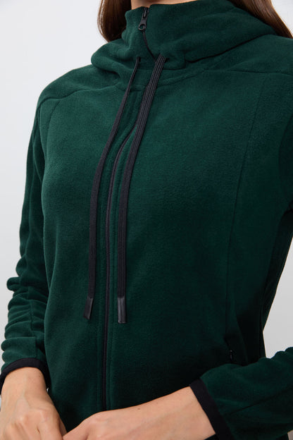 Forest Green Thick Soft Textured Hooded Standard Fit Embroidered Fleece Women's Sweatshirt -97287