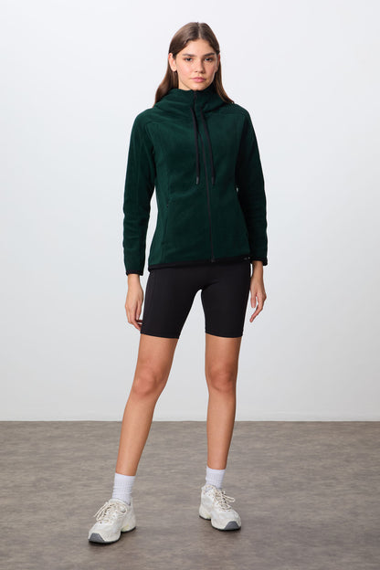 Forest Green Thick Soft Textured Hooded Standard Fit Embroidered Fleece Women's Sweatshirt -97287