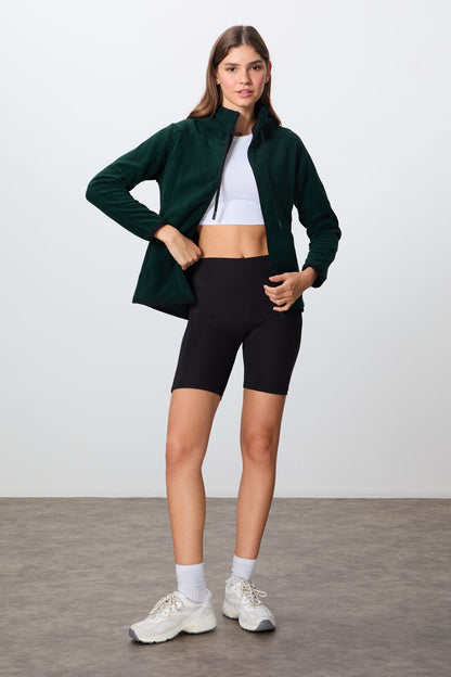 Forest Green Thick Soft Textured Hooded Standard Fit Embroidered Fleece Women's Sweatshirt -97287