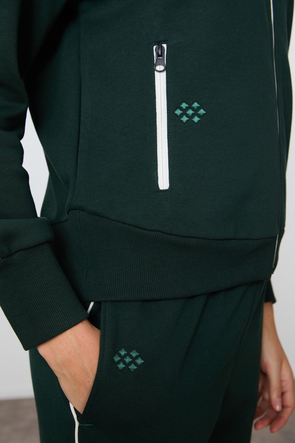 Forest Green Compact Cotton Thick Smooth Textured Stand Collar Oversize Fit Women's Tracksuit Set - 95340