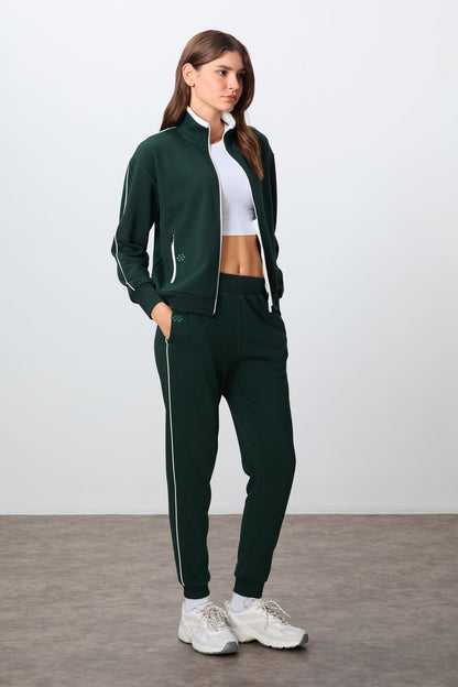 Forest Green Compact Cotton Thick Smooth Textured Stand Collar Oversize Fit Women's Tracksuit Set - 95340