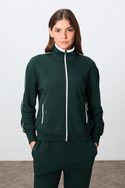 Forest Green Compact Cotton Thick Smooth Textured Stand Collar Oversize Fit Women's Tracksuit Set - 95340