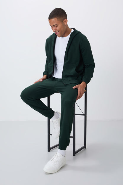 Forest Green Compact Cotton Thick Smooth Textured Hooded Comfort Fit Men's Tracksuit Set - 85262