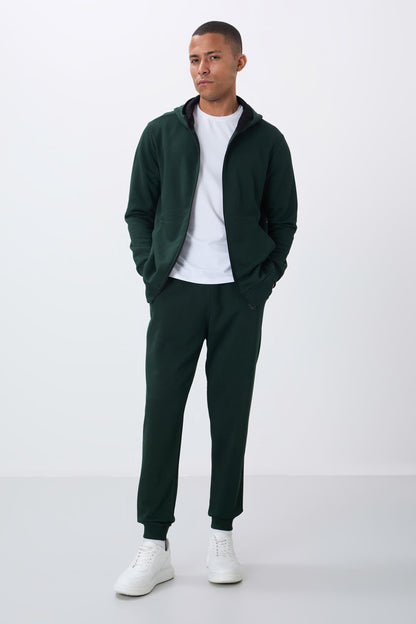 Forest Green Compact Cotton Thick Smooth Textured Hooded Comfort Fit Men's Tracksuit Set - 85262