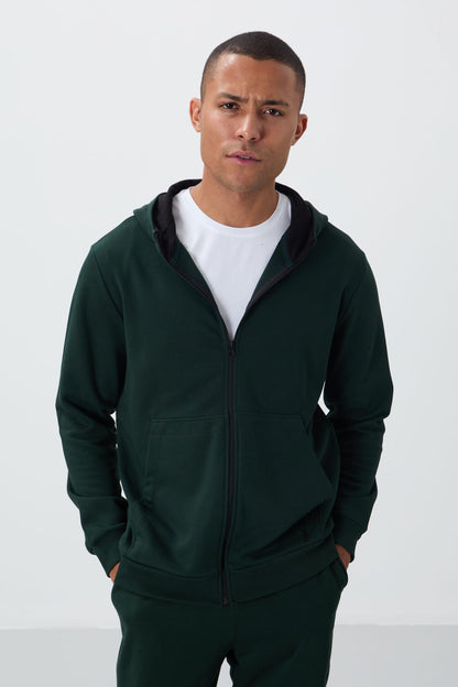 Forest Green Compact Cotton Thick Smooth Textured Hooded Comfort Fit Men's Tracksuit Set - 85262