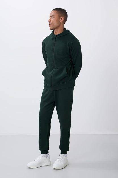 Forest Green Compact Cotton Thick Smooth Textured Hooded Comfort Fit Men's Tracksuit Set - 85262