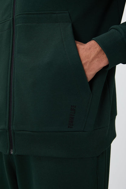 Forest Green Compact Cotton Thick Smooth Textured Hooded Comfort Fit Men's Tracksuit Set - 85262