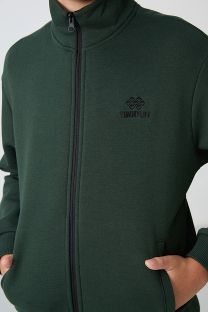 Forest Green Cotton Thick Fleece-Lined Soft Texture Standard Fit Embroidered Boys' Tracksuit Set - 11256