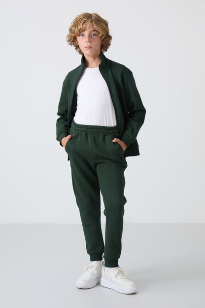 Forest Green Cotton Thick Fleece-Lined Soft Texture Standard Fit Embroidered Boys' Tracksuit Set - 11256