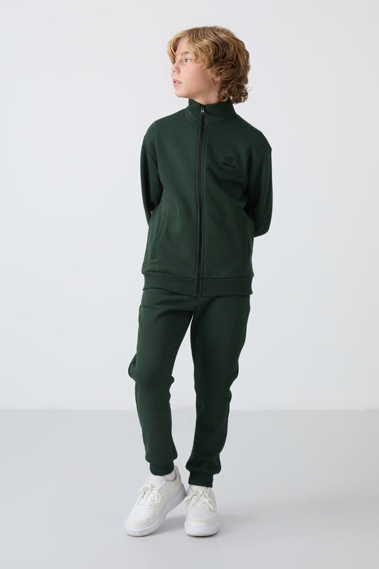 Forest Green Cotton Thick Fleece-Lined Soft Texture Standard Fit Embroidered Boys' Tracksuit Set - 11256