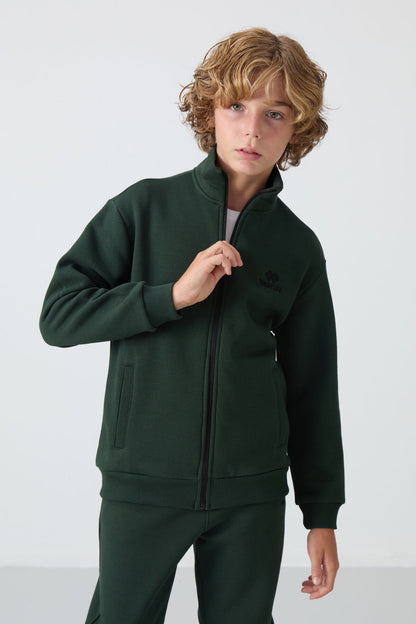 Forest Green Cotton Thick Fleece-Lined Soft Texture Standard Fit Embroidered Boys' Tracksuit Set - 11256