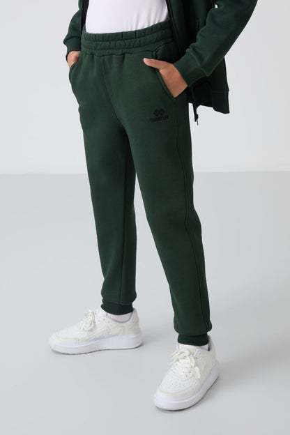 Forest Green Cotton Thick Fleece-Lined Soft Texture Standard Fit Embroidered Boys' Tracksuit Set - 11256
