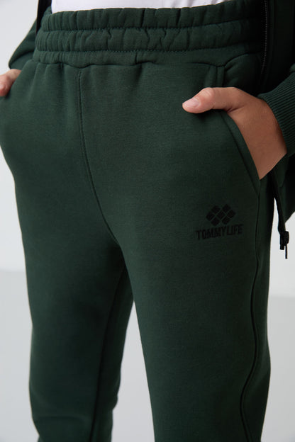 Forest Green Cotton Thick Fleece-Lined Soft Texture Standard Fit Embroidered Boys' Tracksuit Set - 11256