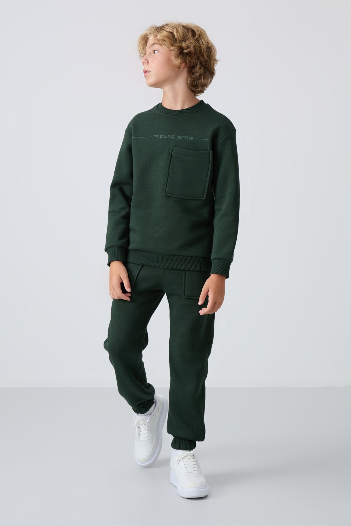 Forest Green Cotton Thick Fleece-Lined Soft Textured Standard Fit Printed Boys' Tracksuit Set - 11257