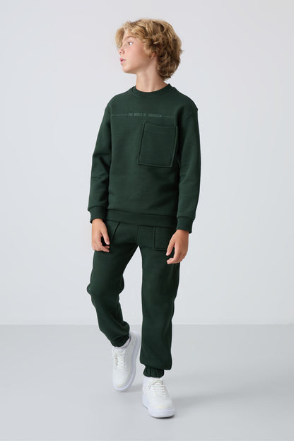 Forest Green Cotton Thick Fleece-Lined Soft Textured Standard Fit Printed Boys' Tracksuit Set - 11257
