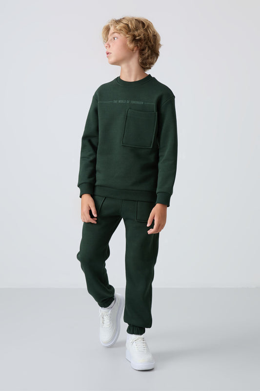 Forest Green Cotton Thick Fleece-Lined Soft Textured Standard Fit Printed Boys' Tracksuit Set - 11257