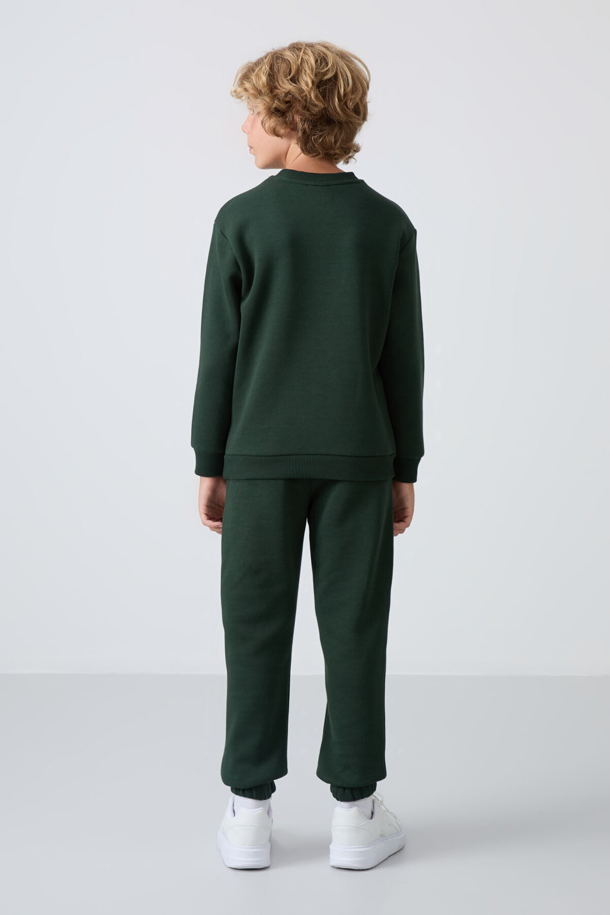 Forest Green Cotton Thick Fleece-Lined Soft Textured Standard Fit Printed Boys' Tracksuit Set - 11257